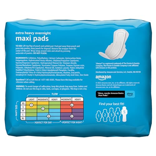 Amazon Basics Thick Maxi Pads for Extra Heavy Nights, Unscented, Size 5, 20 Count