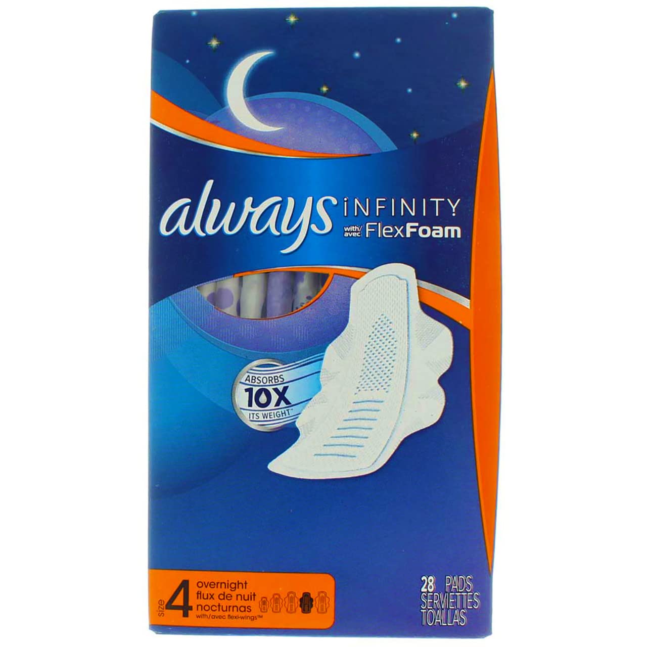 Always Infinity FlexFoam Pads for Women, Overnight Absorbency, Size 4, Unscented, 28 Count