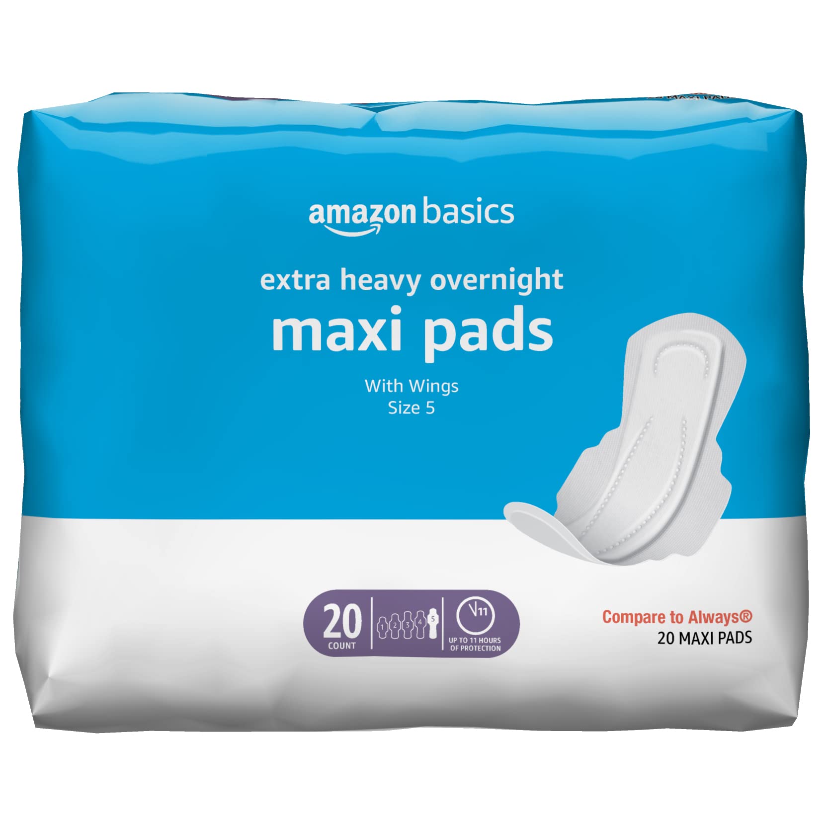 Amazon Basics Thick Maxi Pads for Extra Heavy Nights, Unscented, Size 5, 20 Count