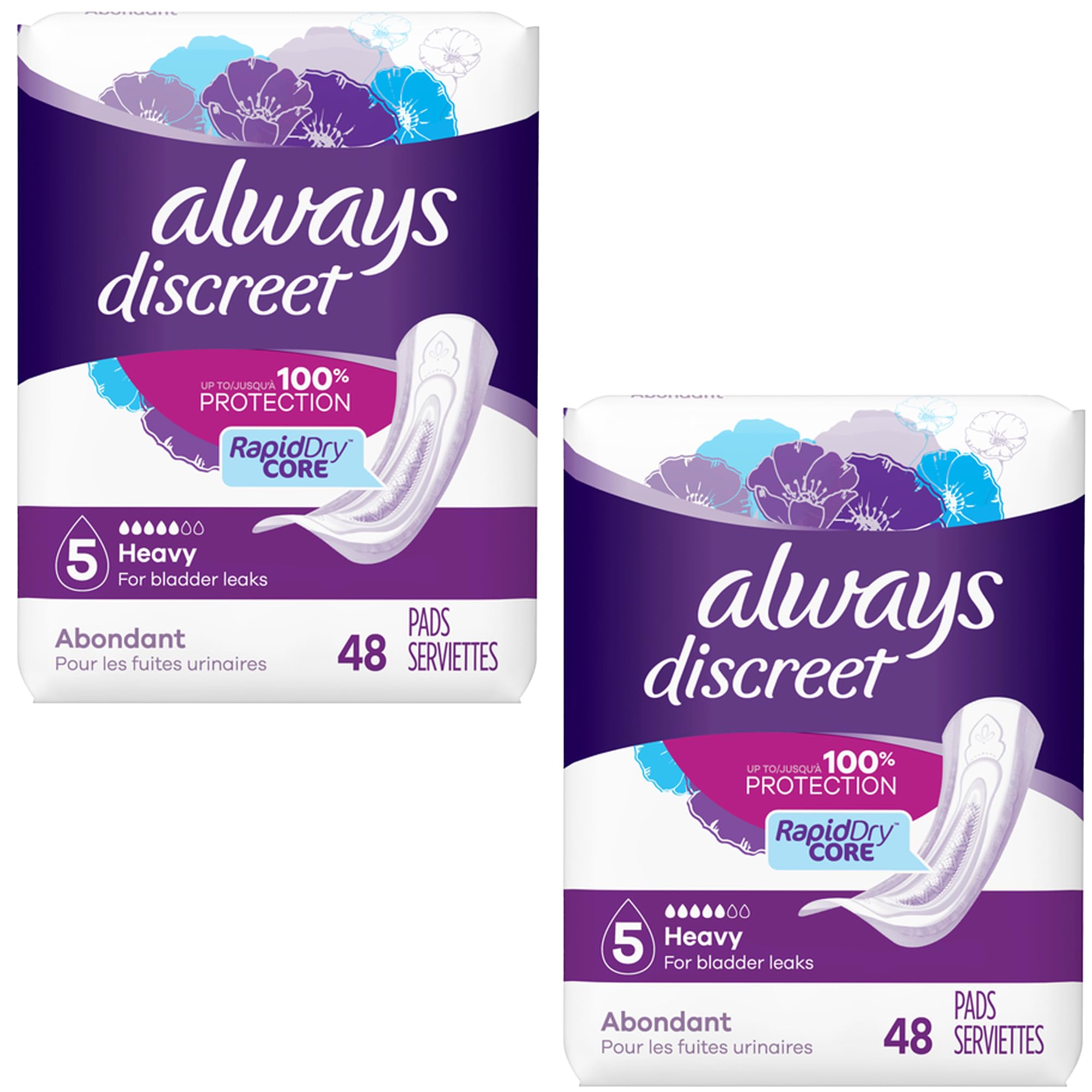 Always Discreet Incontinence Pads Maximum Absorbency Regular Length 48 Pack For Women 2pcs per Pack