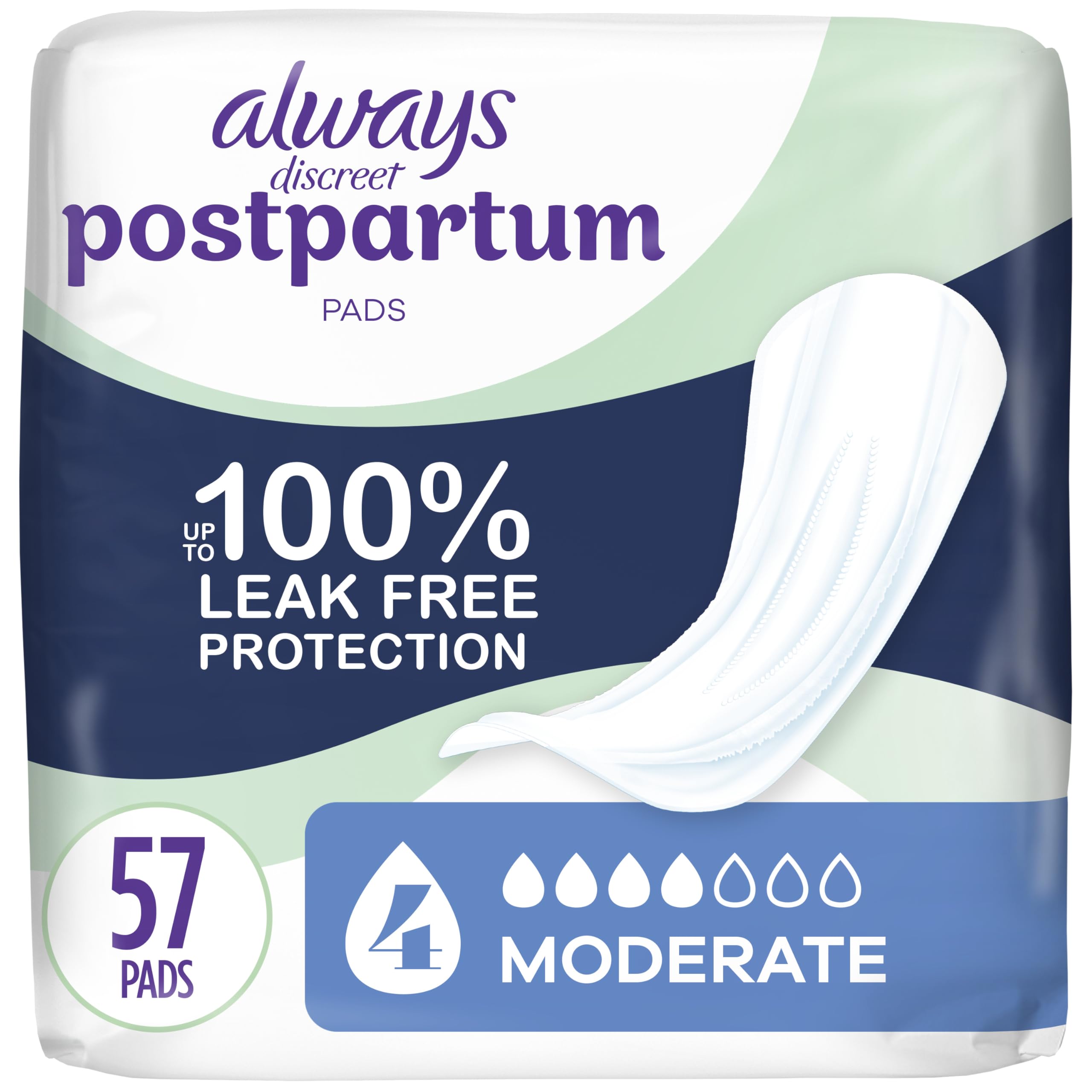 Always Discreet Postpartum Incontinence Pads - Moderate Absorbency for Postpartum Women | Night and Day Protection | 57