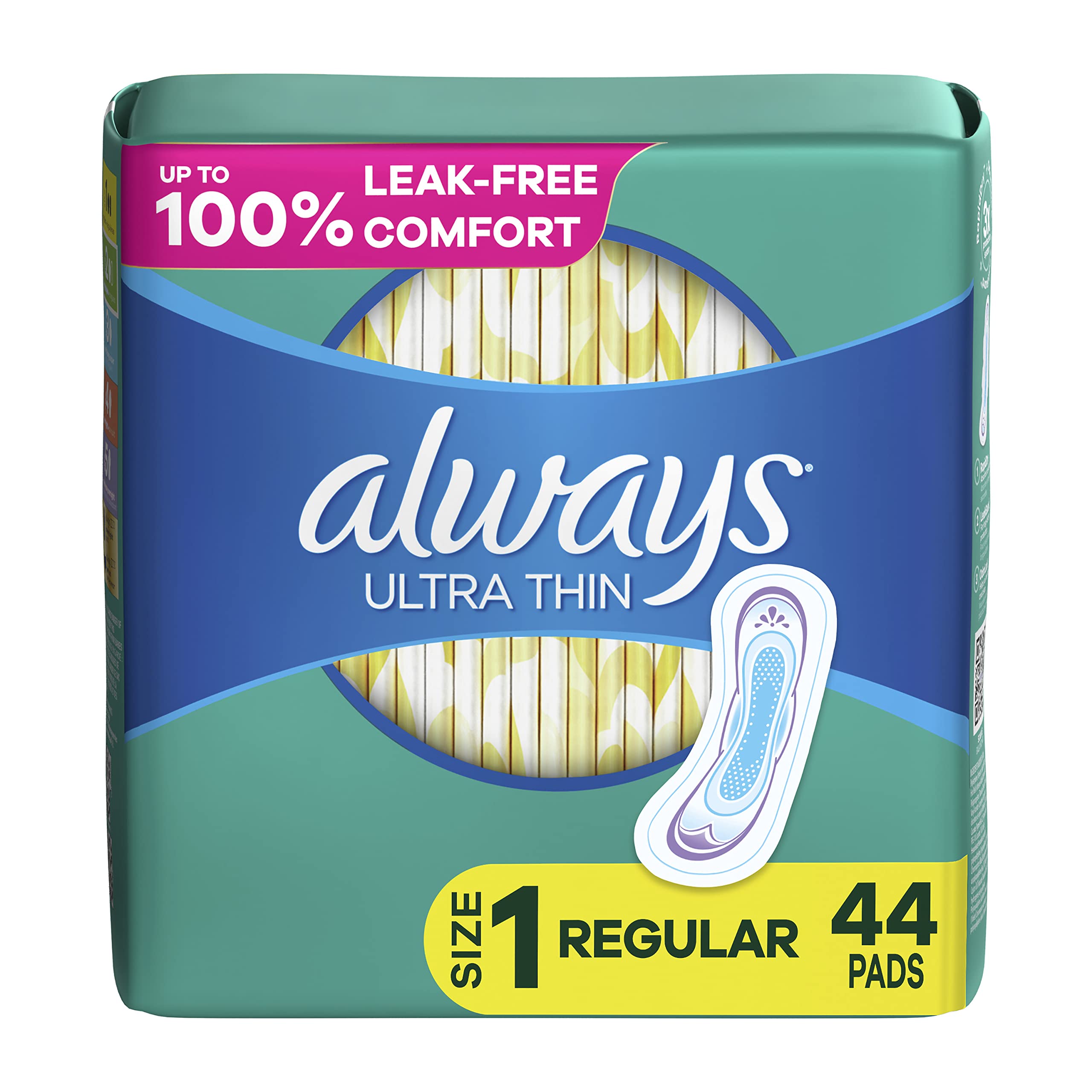 Always Ultra Thin Regular Pads - Absorbent and Comfortable for Women During Their Periods - Every Day Protection - 44 Co