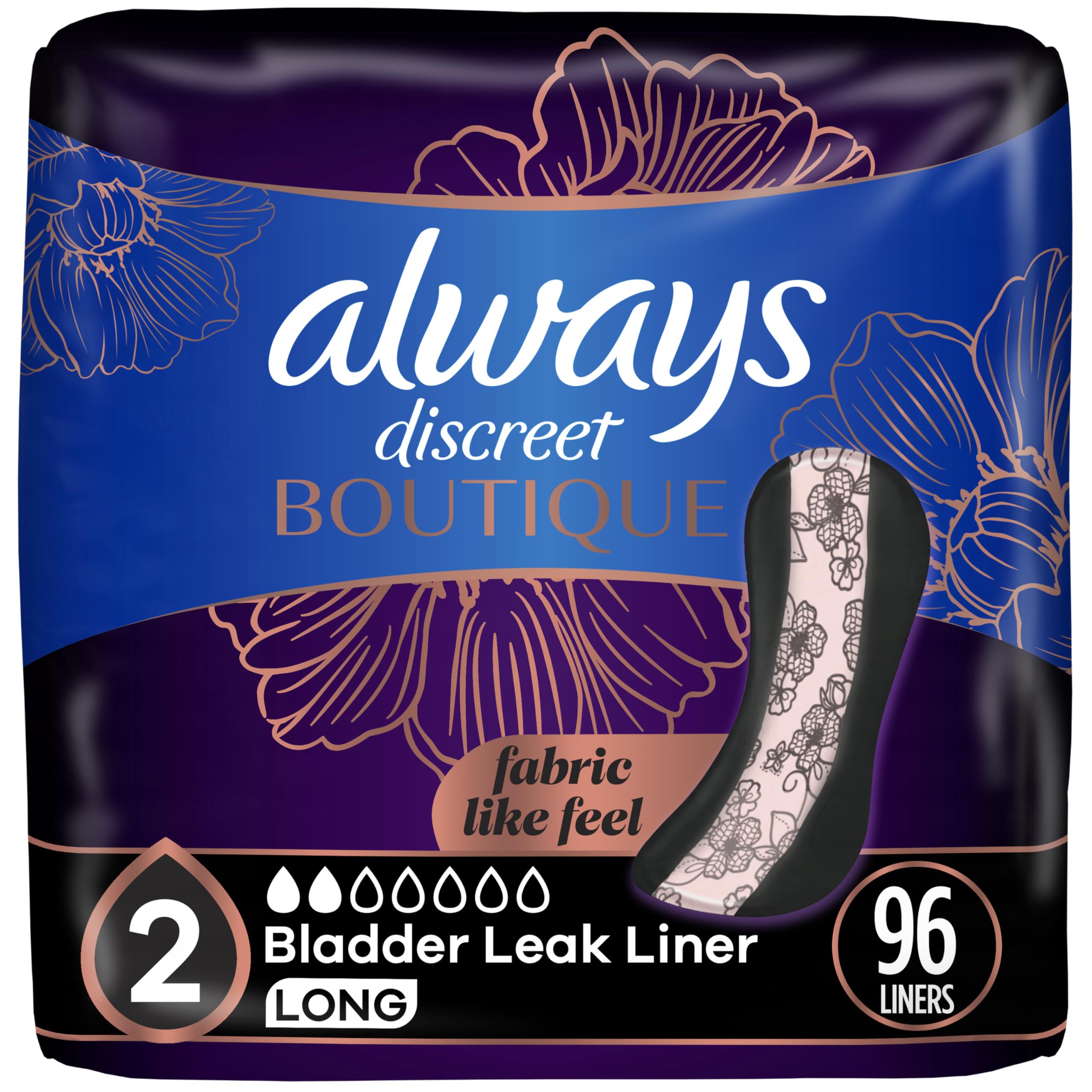 Always Discreet Boutique Women's Incontinence & Postpartum Liners, Size 2, Very Light Absorbency, Long Length, 32 Count