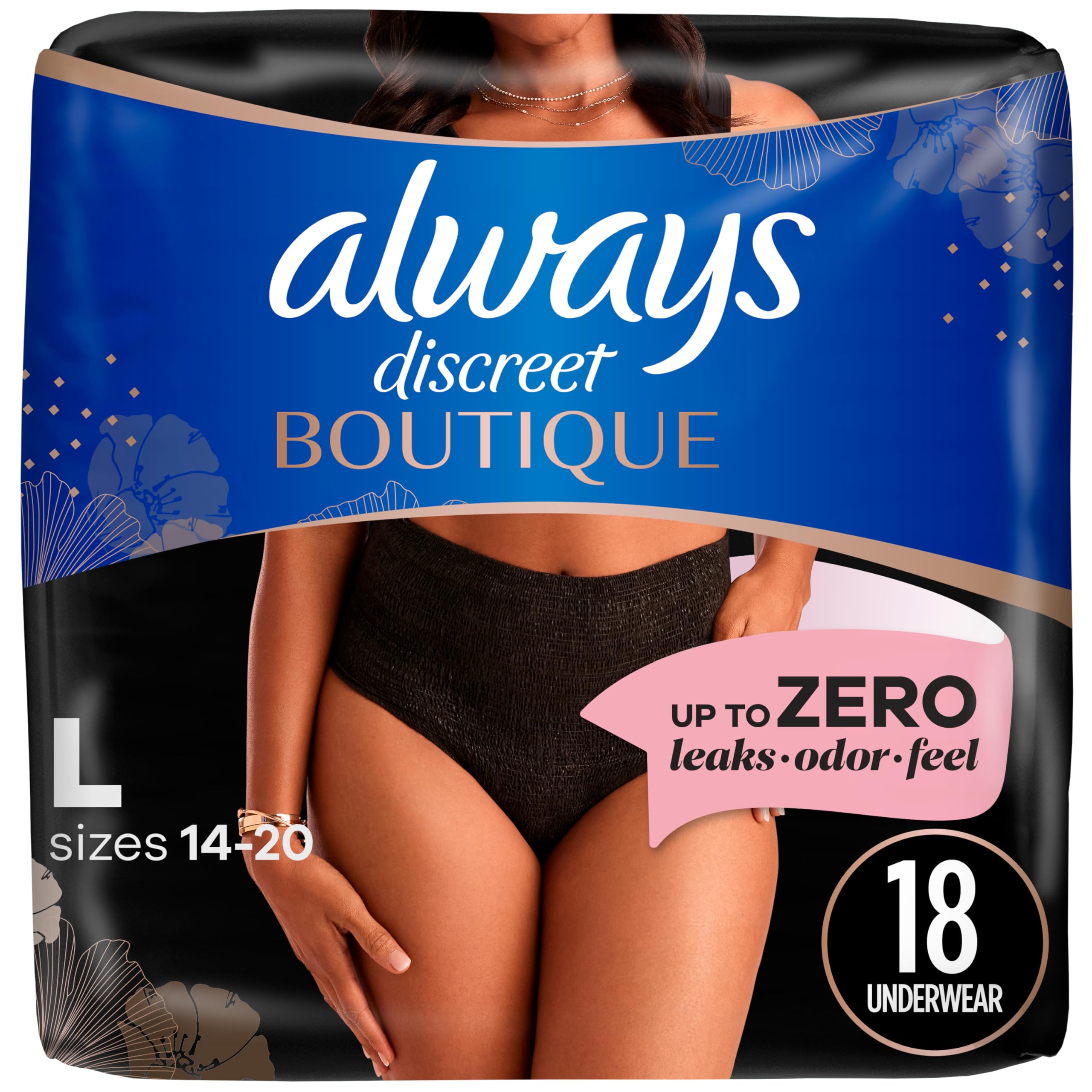 Always Discreet Boutique Incontinence Underwear for Women: Maximum Protection, L, Black, 18 Count  
Always Discreet Bout