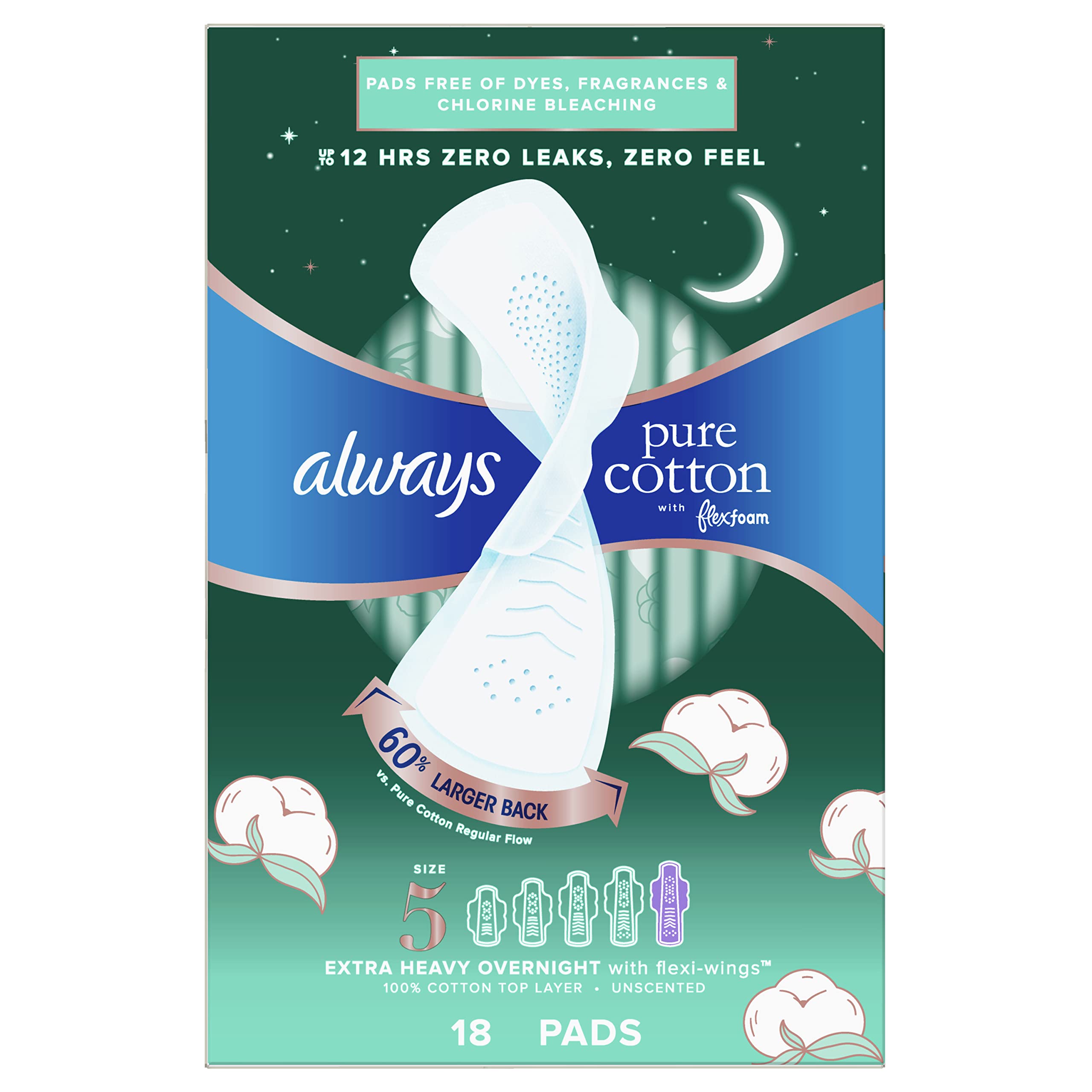 Always Pure Cotton with FlexFoam Pads for Women's Hygiene Pads, Size 5, 18 Count - Best Absorbency & Comfort
| Always P