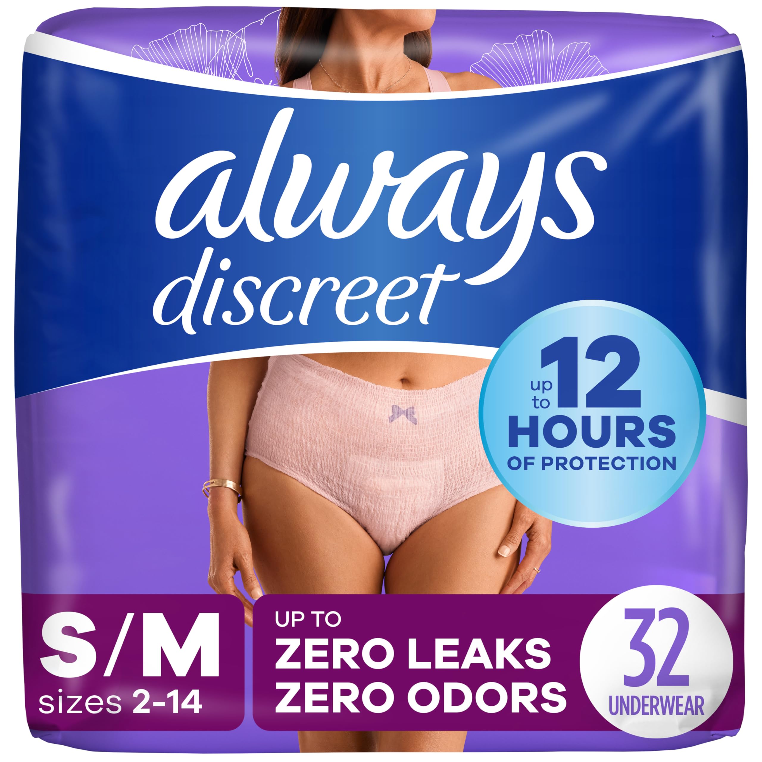 Always Discreet Maximum Protection Incontinence Underwear for Women, Small/Medium, 32 Count